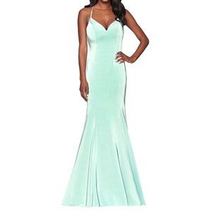 Faviana Satin Open Criss Cross Back Mermaid Gown Sage Green Size 2 NWT